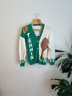 Unisex Vintage Green & White Tennis Graphic Cardigan Sweater
